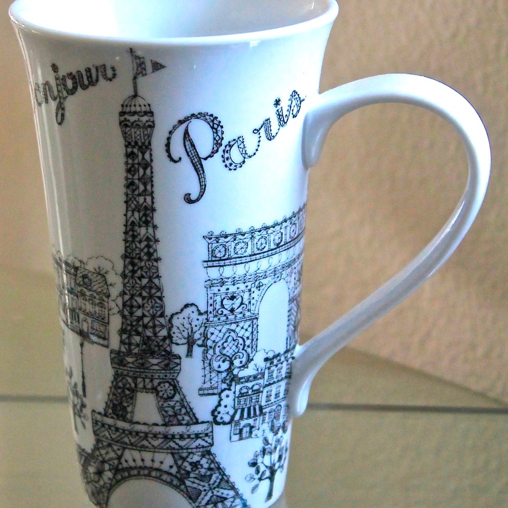 222 FIFTH BONJOUR PARIS TALL LATTE MUG PORCELAIN
